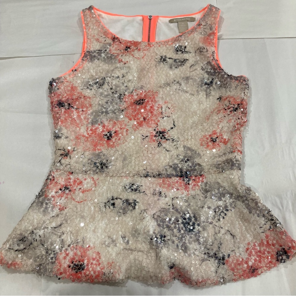 Banana Republic Ivory Pinkish and Black Sequins Peplum Bottom Flare Top - Picture 1 of 9
